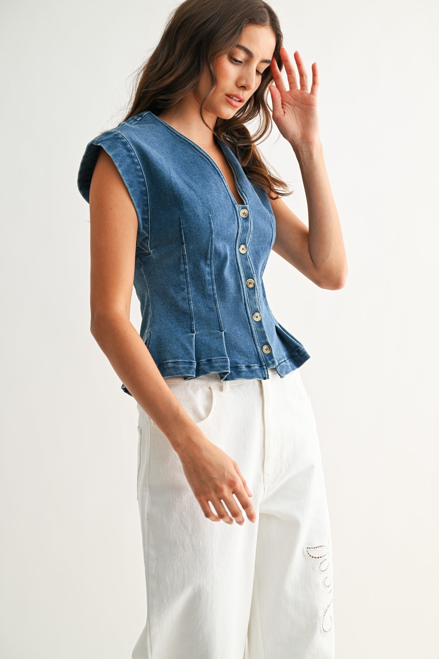Button-down Denim Sleeveless Peplum Top