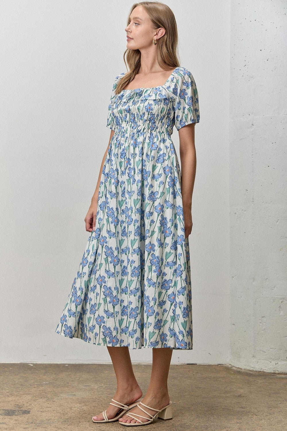 Floral Print Midi Dress in Blue