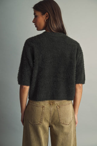 MIOU MUSE Cropped Eyelash Faux-Fur Sweater in Green