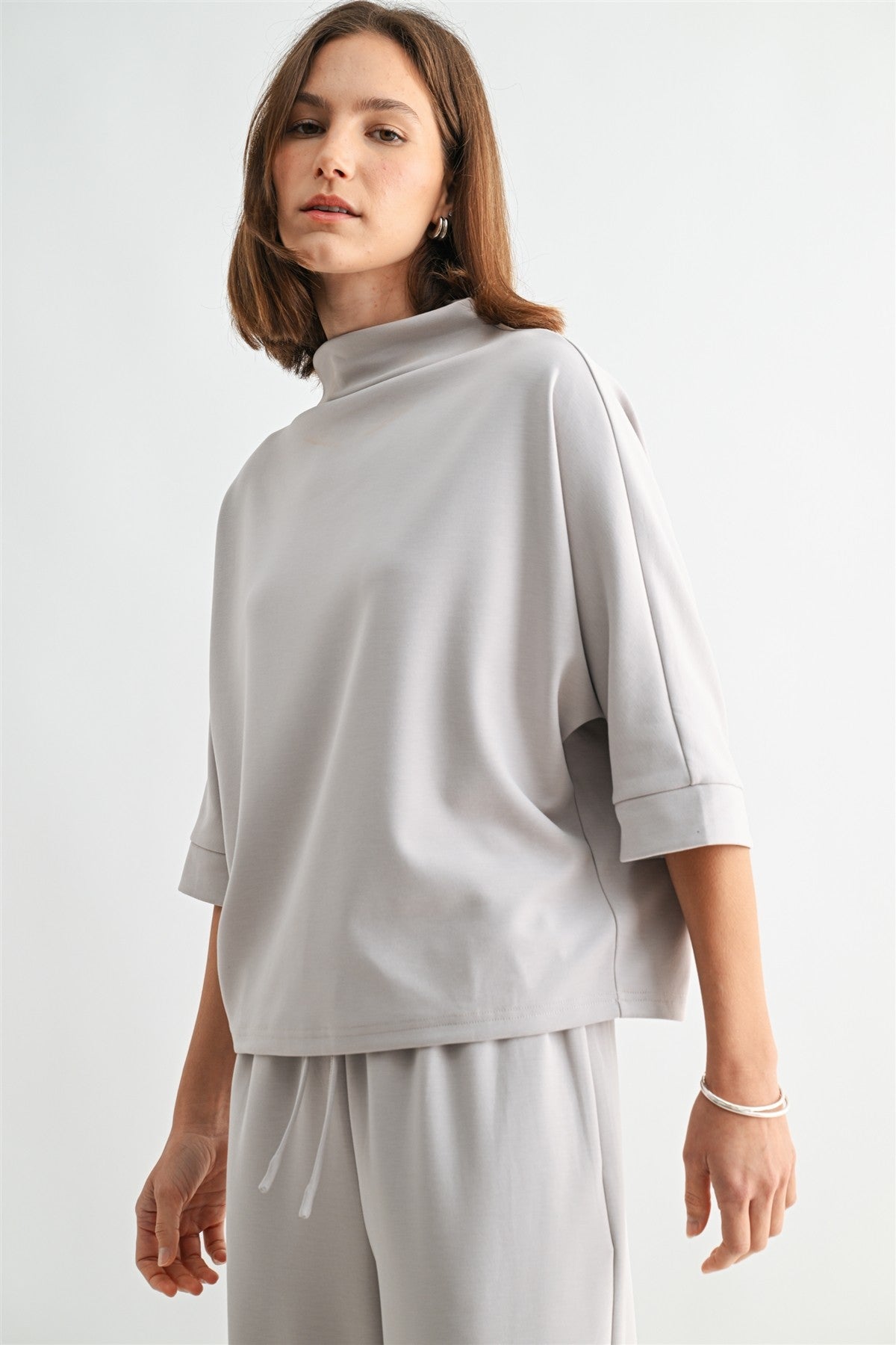 Scuba Mock Neck Knit Top in Light Grey