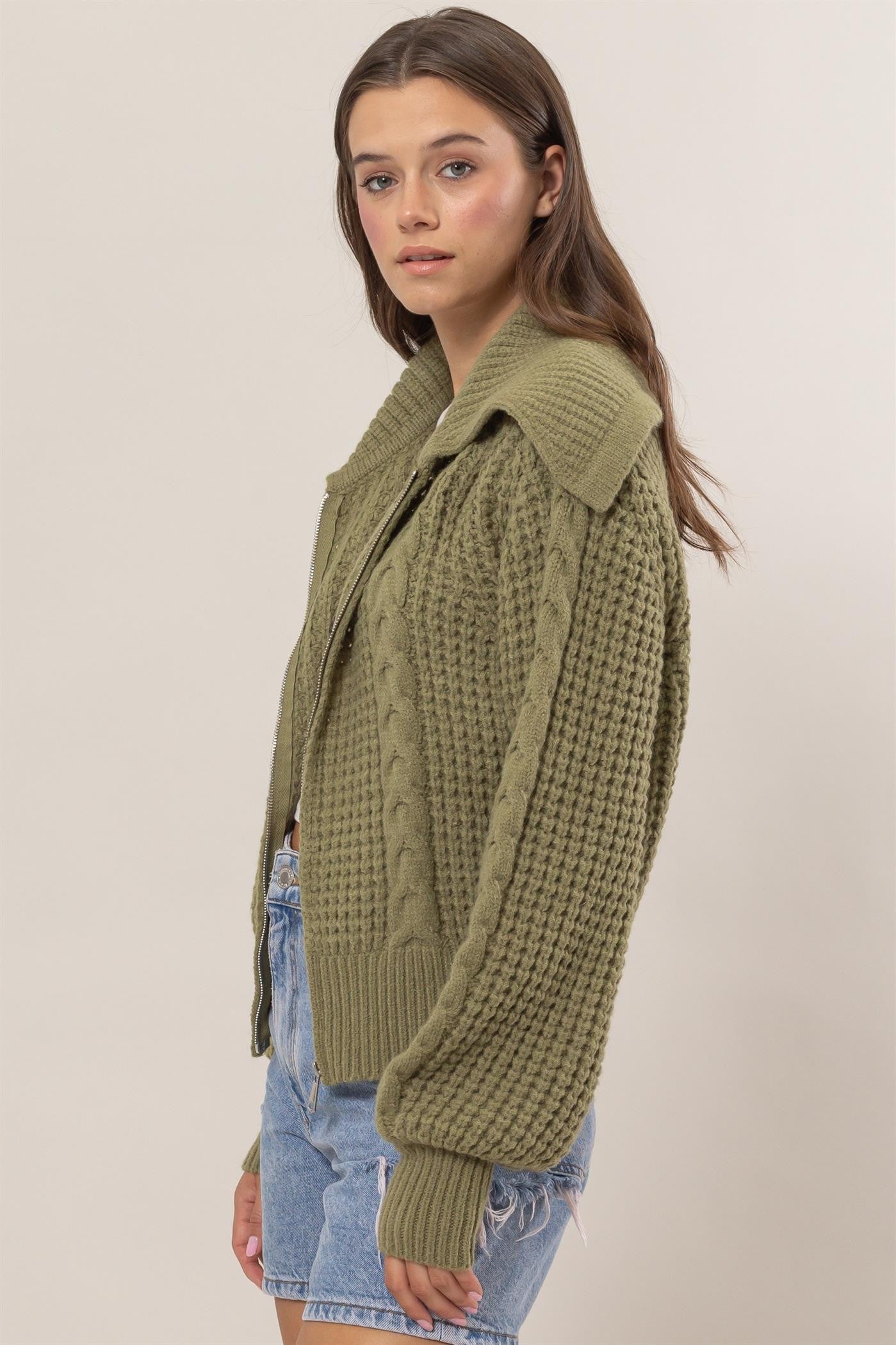 Chunky Front Zip Sweater Jacket in Olive