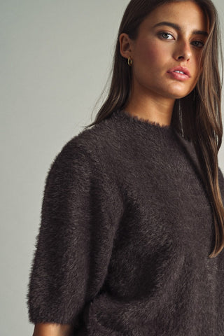 MIOU MUSE Cropped Eyelash Faux-Fur Sweater in Chocolate