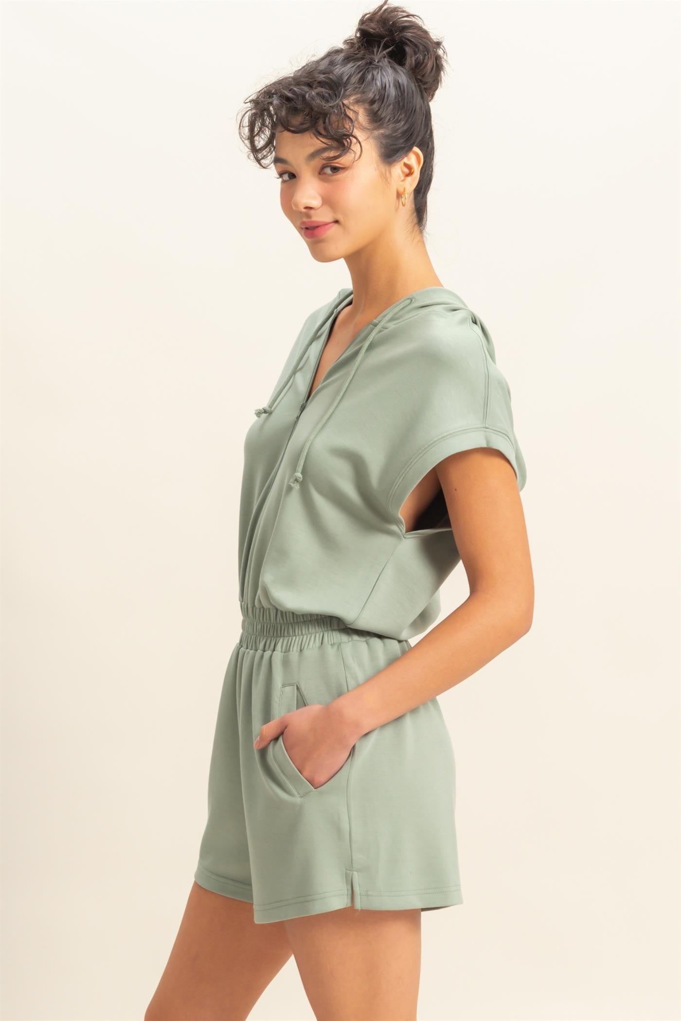 Sage Green Half Zip Shorts Romper