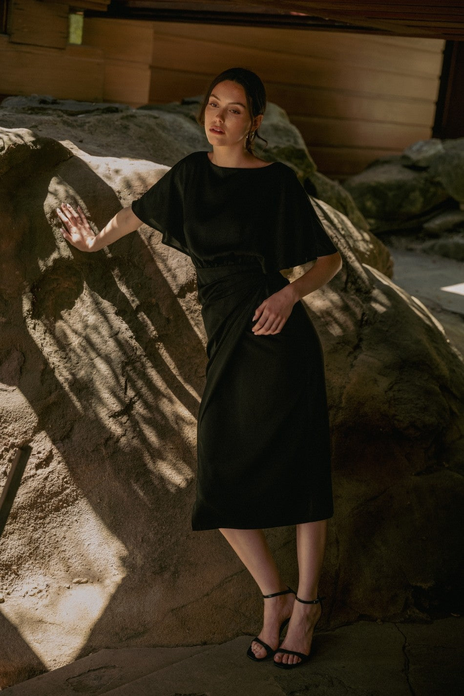 Satin Wrap Midi Dress in Black