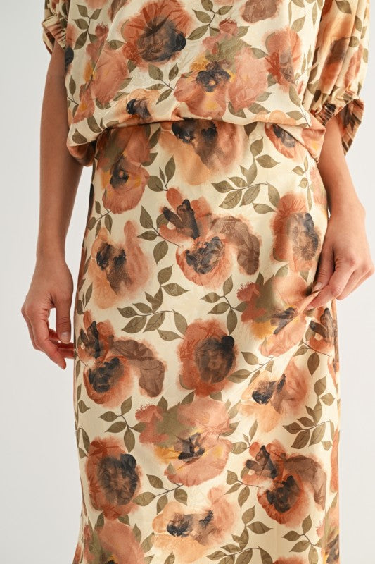 Flower Print Satin Skirt
