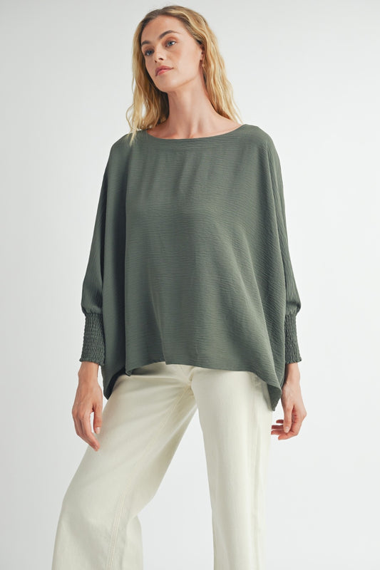 Oversized Top with Smocked Sleeves in Dk. Sage