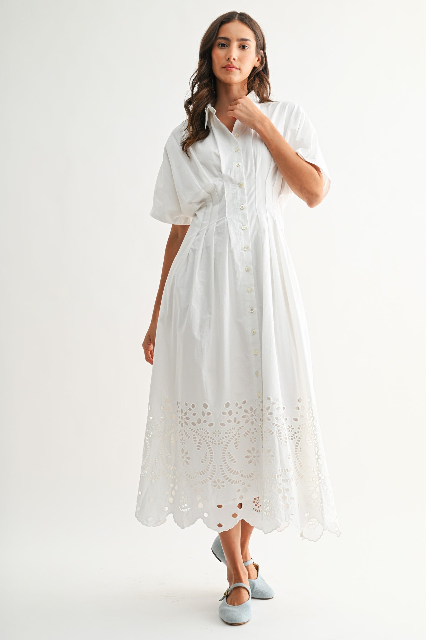 Embroidered White Eyelet Midi Dress