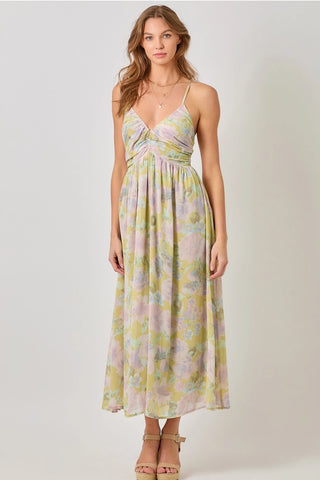 Floral Cross Back Pleating Dress in Pale Lemon Green