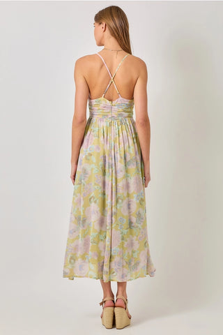 Floral Cross Back Pleating Dress in Pale Lemon Green