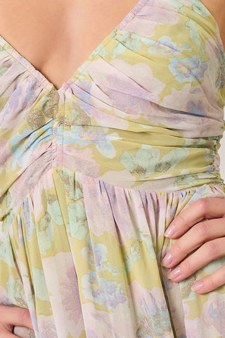 Floral Cross Back Pleating Dress in Pale Lemon Green