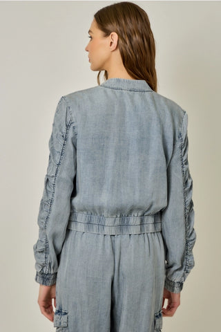 Tencel Gathered Sleeve Bomber Jacket in Washed Denim