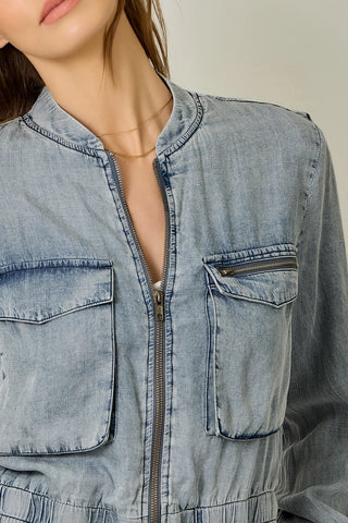 Tencel Gathered Sleeve Bomber Jacket in Washed Denim