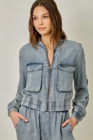 Tencel Gathered Sleeve Bomber Jacket in Washed Denim