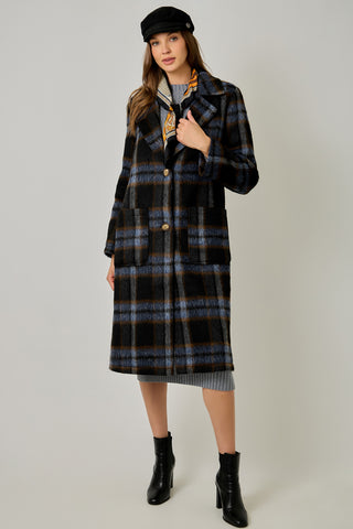 Brushed Plaid Long Coat in Midnight Blue