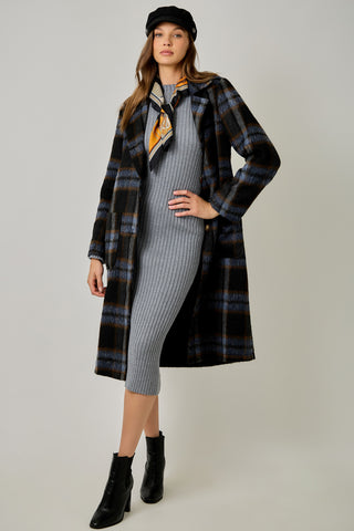 Brushed Plaid Long Coat in Midnight Blue