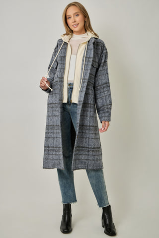 Twofer Hoodie Plaid Jacket in Charcoal Blue