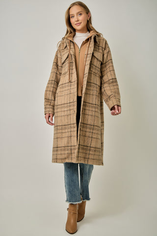 Twofer Hoodie Plaid Jacket in Latte Combo