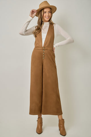 Suede Criss Cross Back Jumpsuit in Camel