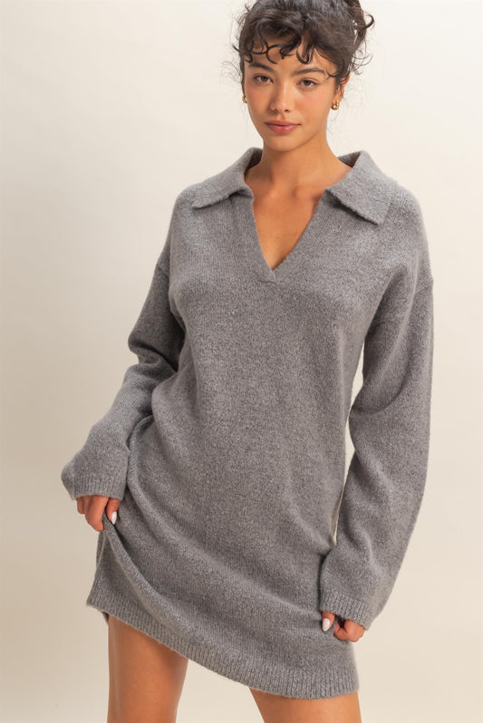 Polo Long Sleeve Sweater Dress in Heather Grey