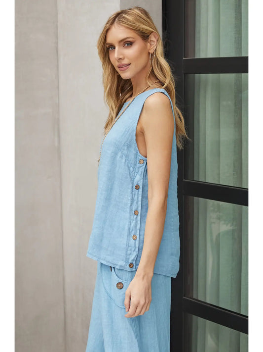 Side Button Linen Top in Sky Blue