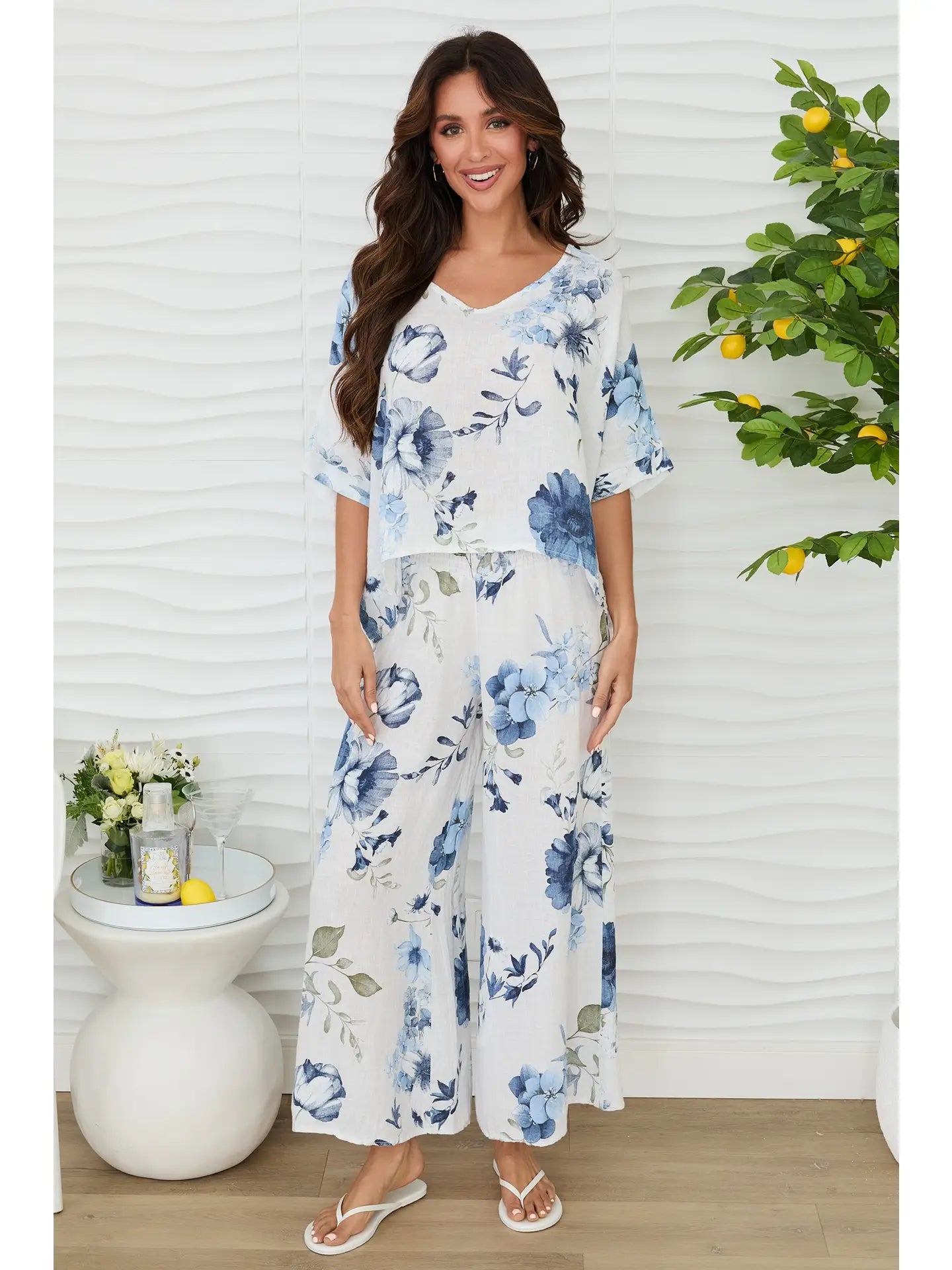 Gardenia Print Linen Dolman Sleeve Top