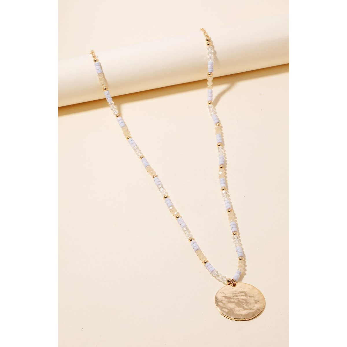 Hammered Disc Pendant Beaded Long Chain Necklace