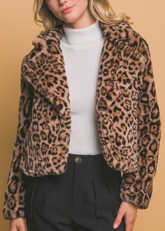 Leopard Faux Fur Cropped Jacket in Camel