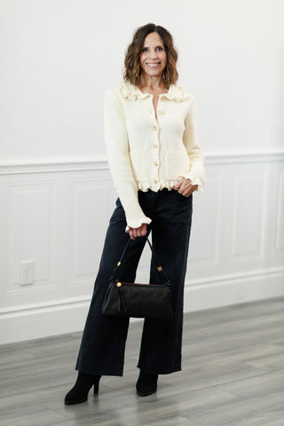 Ivory Ruffle Trim Button Front Knit Cardigan