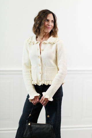 Ivory Ruffle Trim Button Front Knit Cardigan