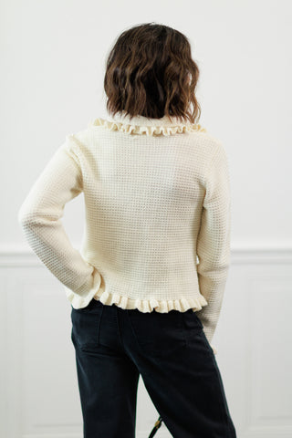 Ivory Ruffle Trim Button Front Knit Cardigan