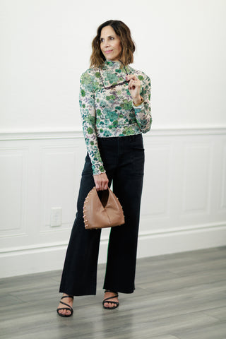 Floral Print Knit Long Sleeve Top in Olive Thyme