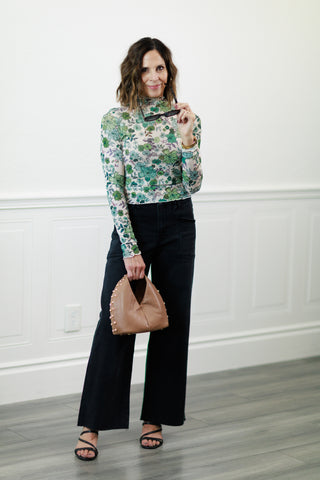 Floral Print Knit Long Sleeve Top in Olive Thyme