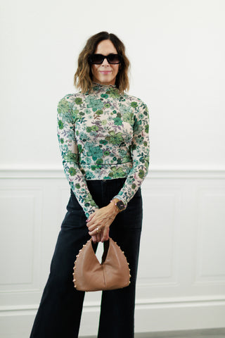 Floral Print Knit Long Sleeve Top in Olive Thyme