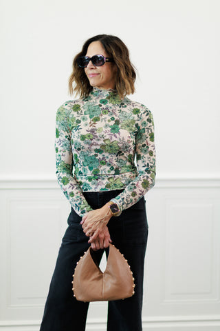 Floral Print Knit Long Sleeve Top in Olive Thyme