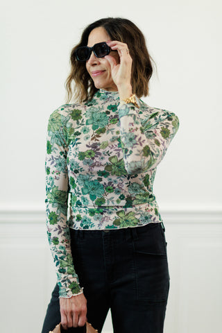 Floral Print Knit Long Sleeve Top in Olive Thyme