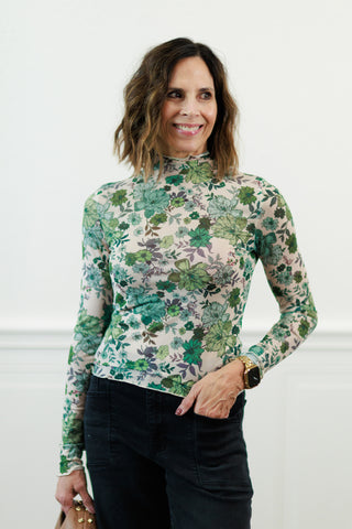 Floral Print Knit Long Sleeve Top in Olive Thyme