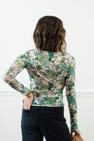 Floral Print Knit Long Sleeve Top in Olive Thyme