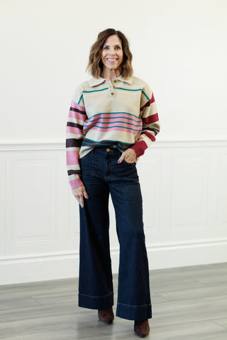 Multistripe Polo Neck Knit Sweater