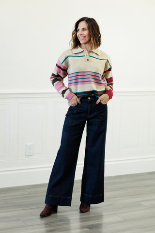 Multistripe Polo Neck Knit Sweater