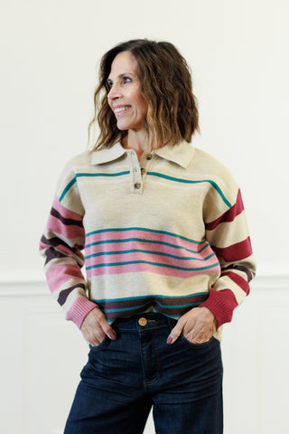 Multistripe Polo Neck Knit Sweater