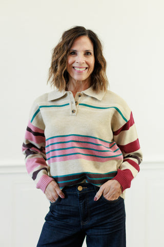 Multistripe Polo Neck Knit Sweater