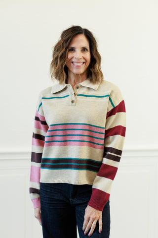 Multistripe Polo Neck Knit Sweater