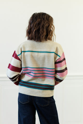 Multistripe Polo Neck Knit Sweater