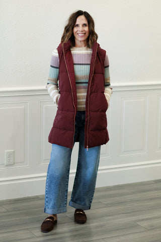 Long Hooded Puffer Vest in Wine