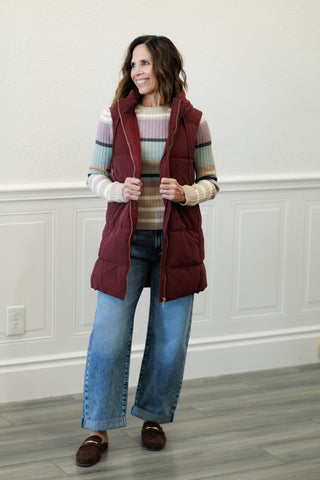 Long Hooded Puffer Vest in Wine