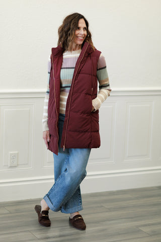 Long Hooded Puffer Vest in Wine