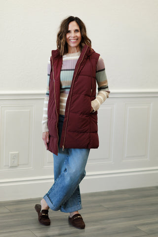 Long Hooded Puffer Vest in Wine