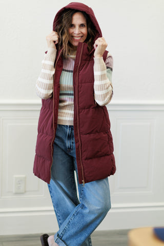 Long Hooded Puffer Vest in Wine