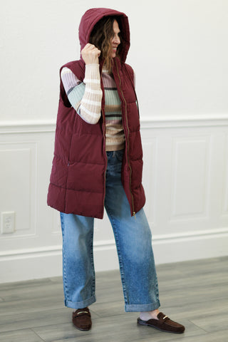 Long Hooded Puffer Vest in Wine