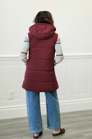 Long Hooded Puffer Vest in Wine